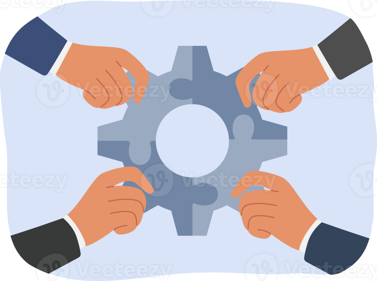 Synergy of business people holding fragments of mechanism in hands, and connecting gear to achieve success. Synergy between office managers resulting from successful team building and trust png