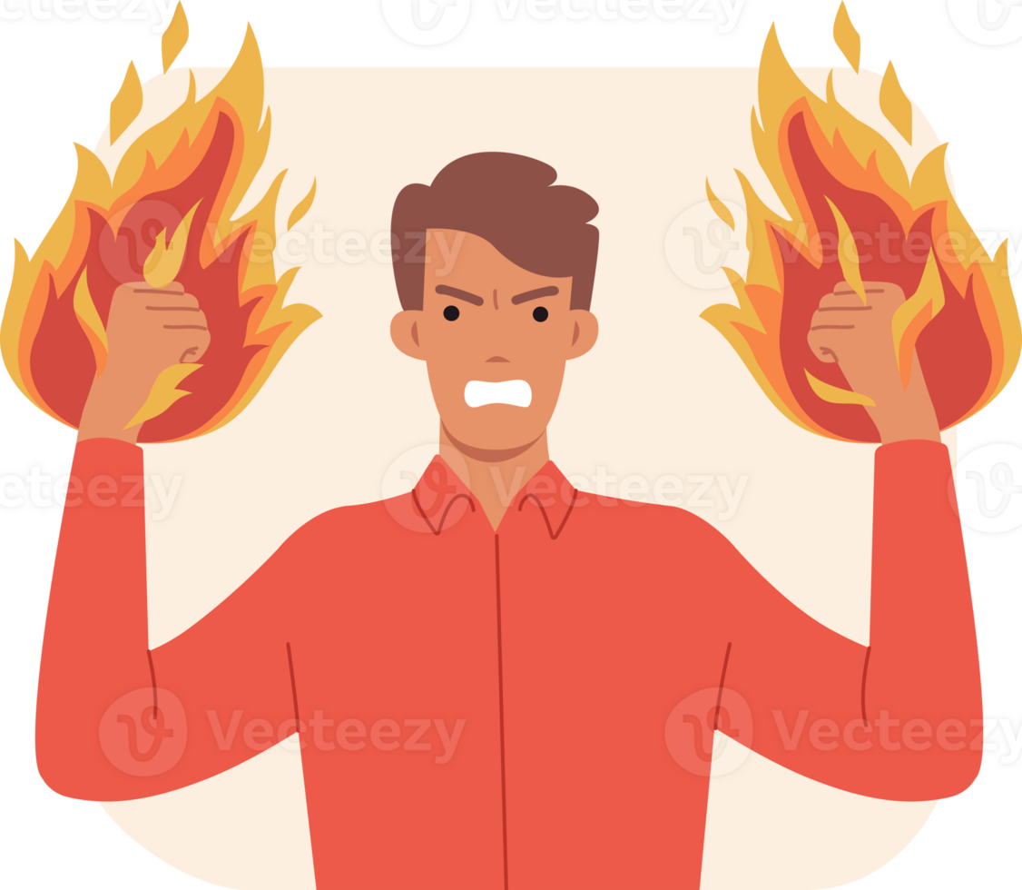 Aggressive man with flames on fists threatens and waves arms during conflict. Aggressive guy feels angry and wants to fight due to lack of agreement or toxic behavior of colleagues png