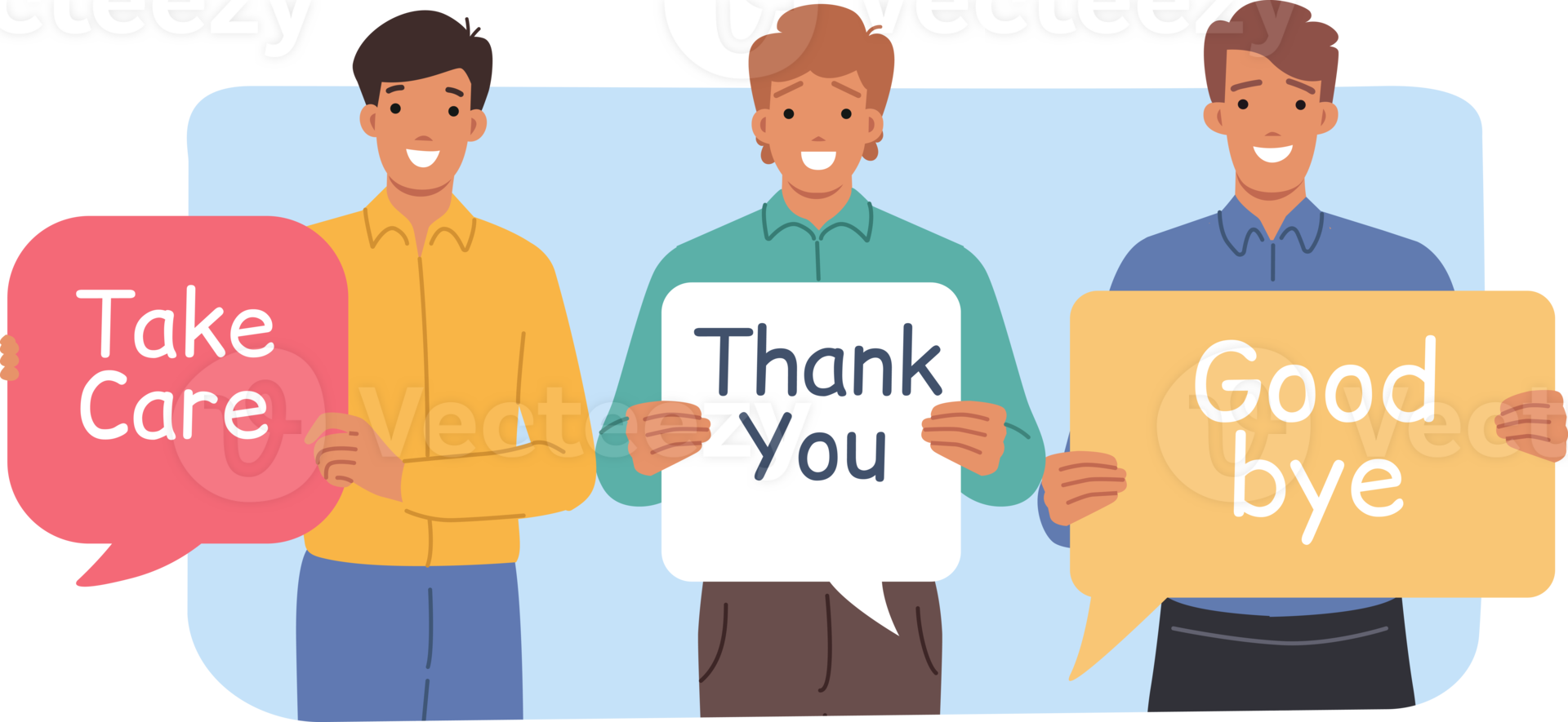 Kind men show gratitude and say goodbye, holding speech bubbles with positive inscriptions. Positive guys with dialogue clouds with good-natured comments and thanks for cooperation for cooperation png