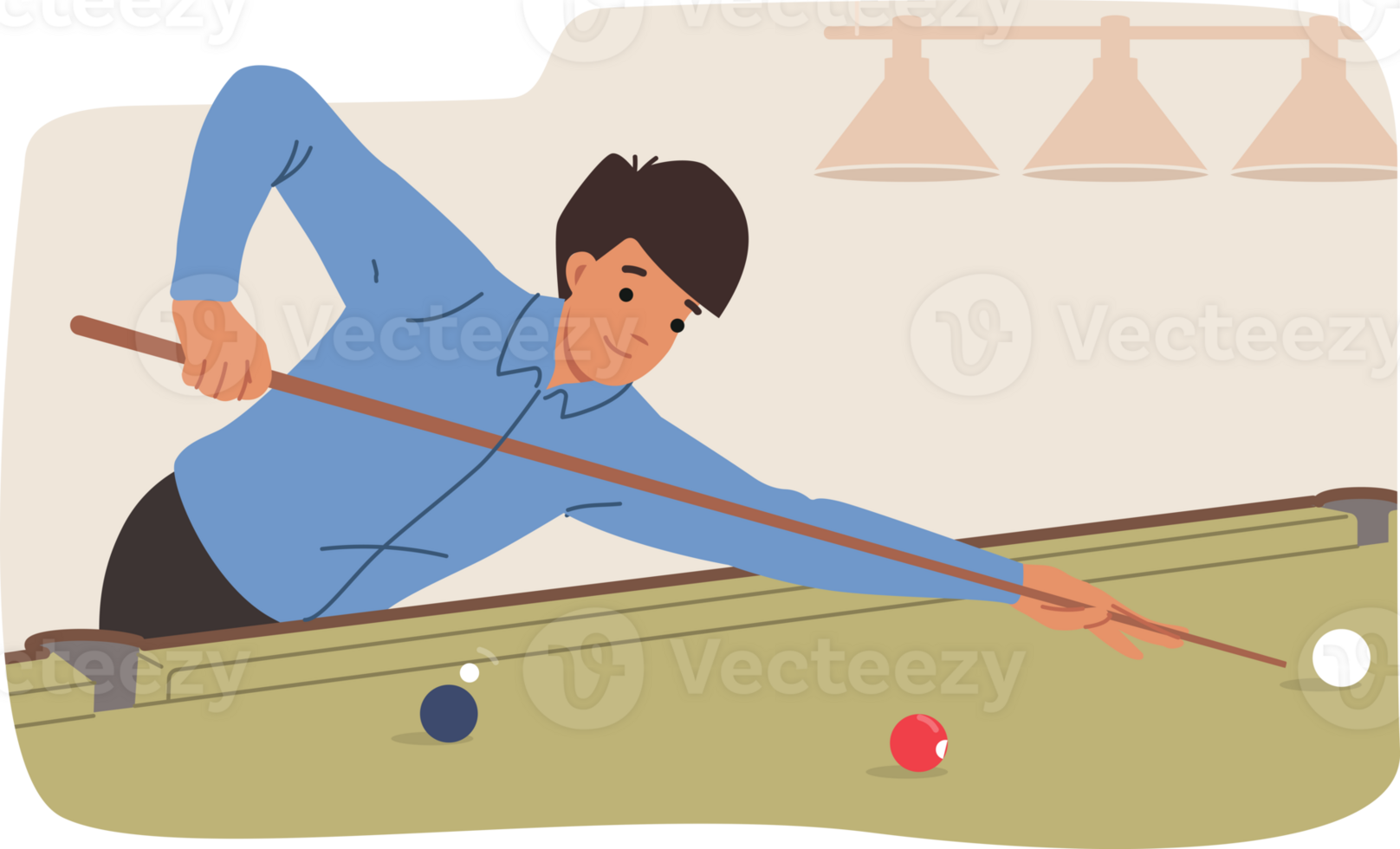 Man plays billiards and holds cue, aiming to pocket ball and win sports tournament. Positive guy relaxes in billiards club after work, enjoying hobby or competing with friends in accuracy. png