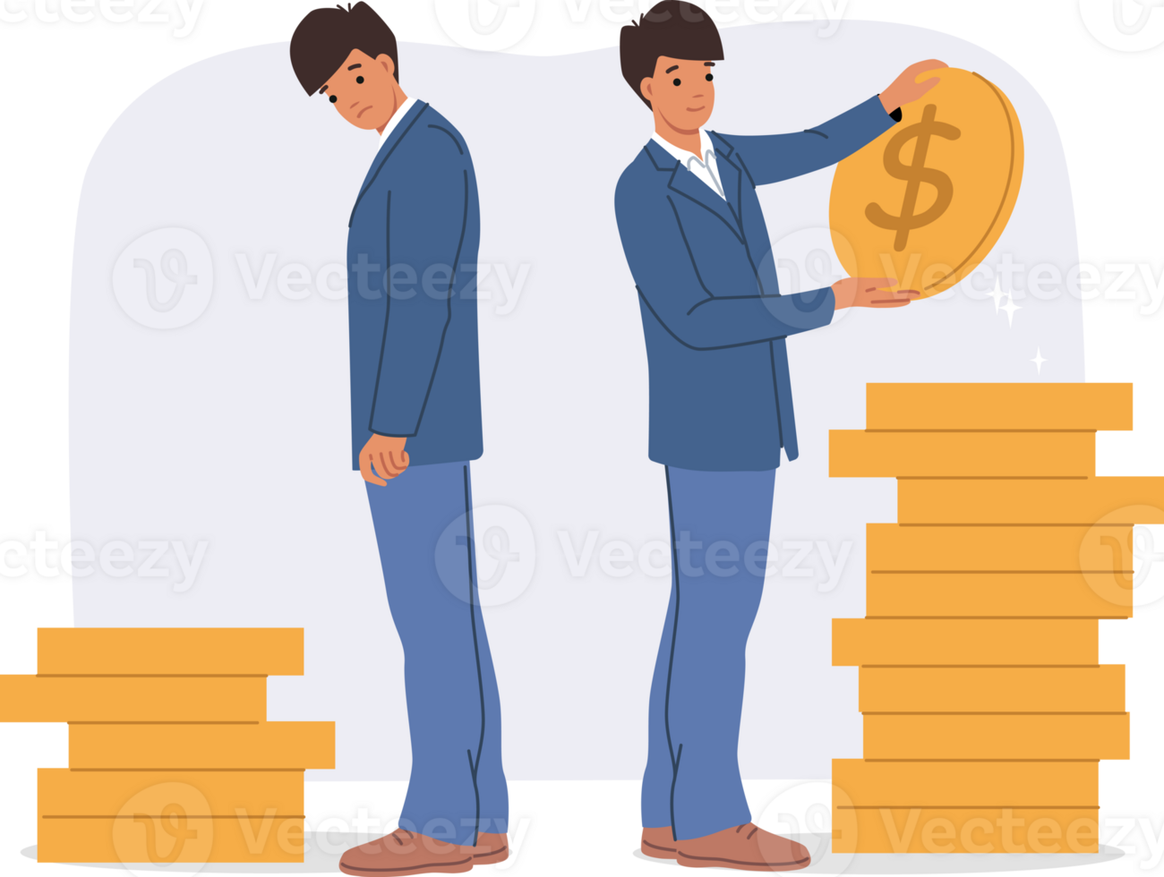 Difference in income between two business men who have accumulated different capital. Difference in income negatively affects mood of person who received less money and suffers from injustice png