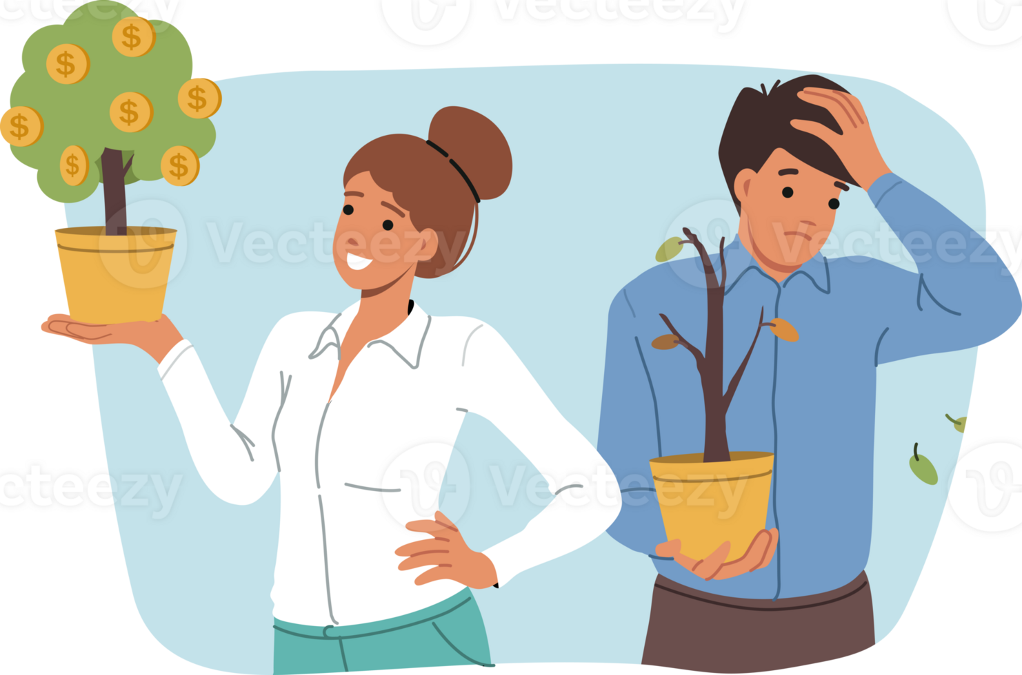 Difference in income is demonstrated by money tree in hands of rich woman standing next to poor colleague. Beggar man upset about difference in income compared to more successful investor. png