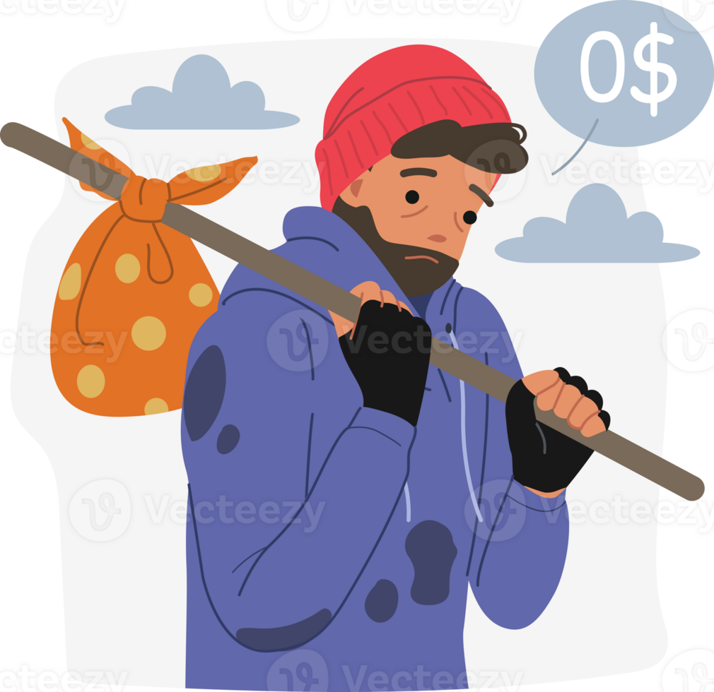 Poor man wanders around world and thinks about absence of money in account, is need of help from charitable companies. Poor man experiences mental anguish due to lack of home, lost after bankruptcy. png