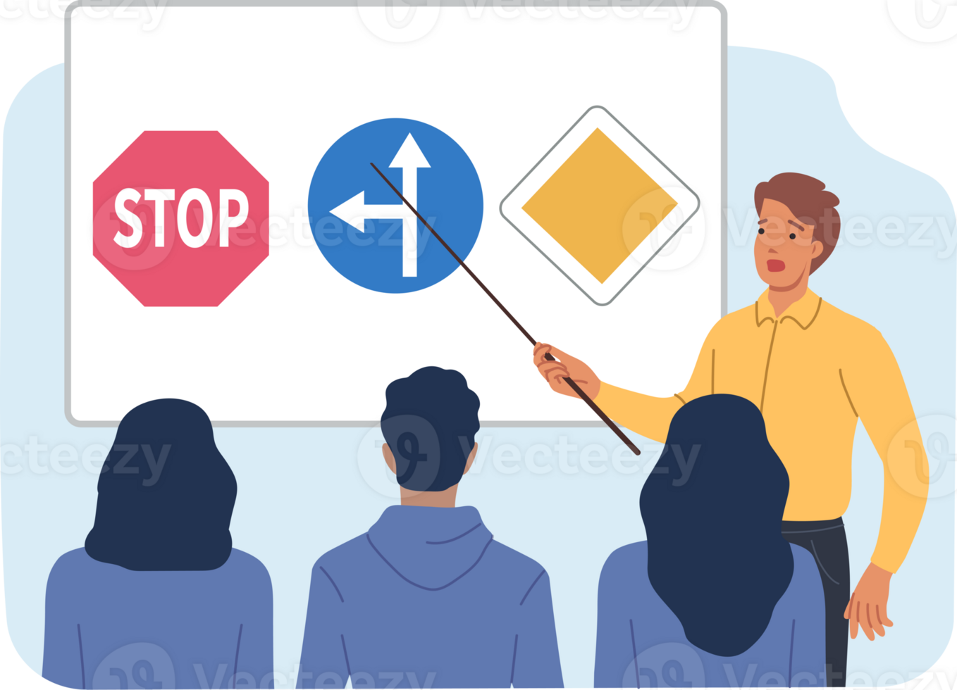 Lesson in driving school with people learning rules of road, and teacher demonstrating stop or turn signs. Training in traffic rules at school to gain opportunity to work in taxi or public transport png