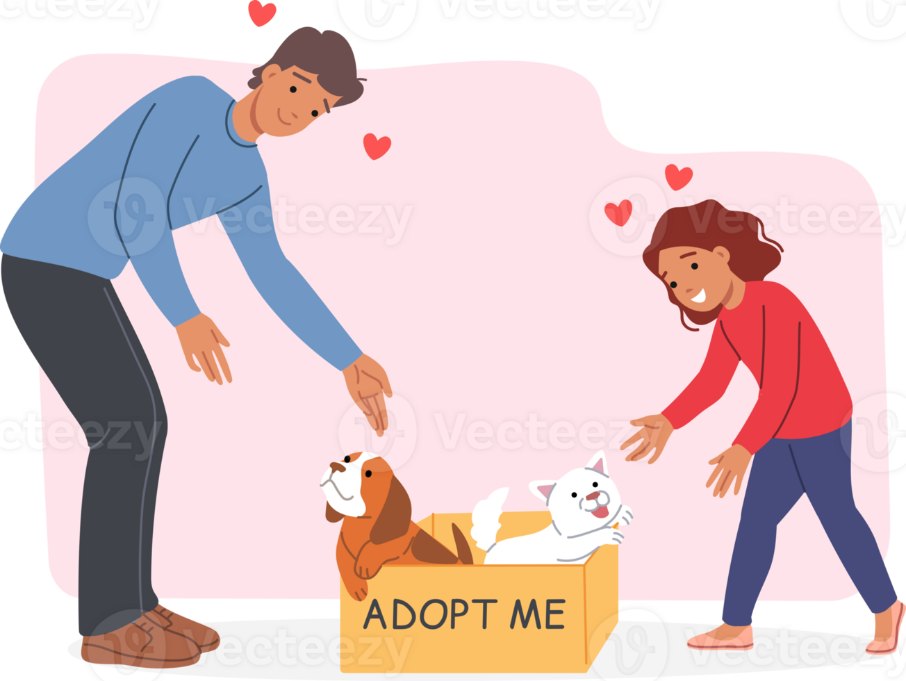 Adop me inscription on box with cat and dog, near happy girl and man choosing pet. Adop me container from shelter for homeless animals, for social advertising or searching for new adoptive parents png