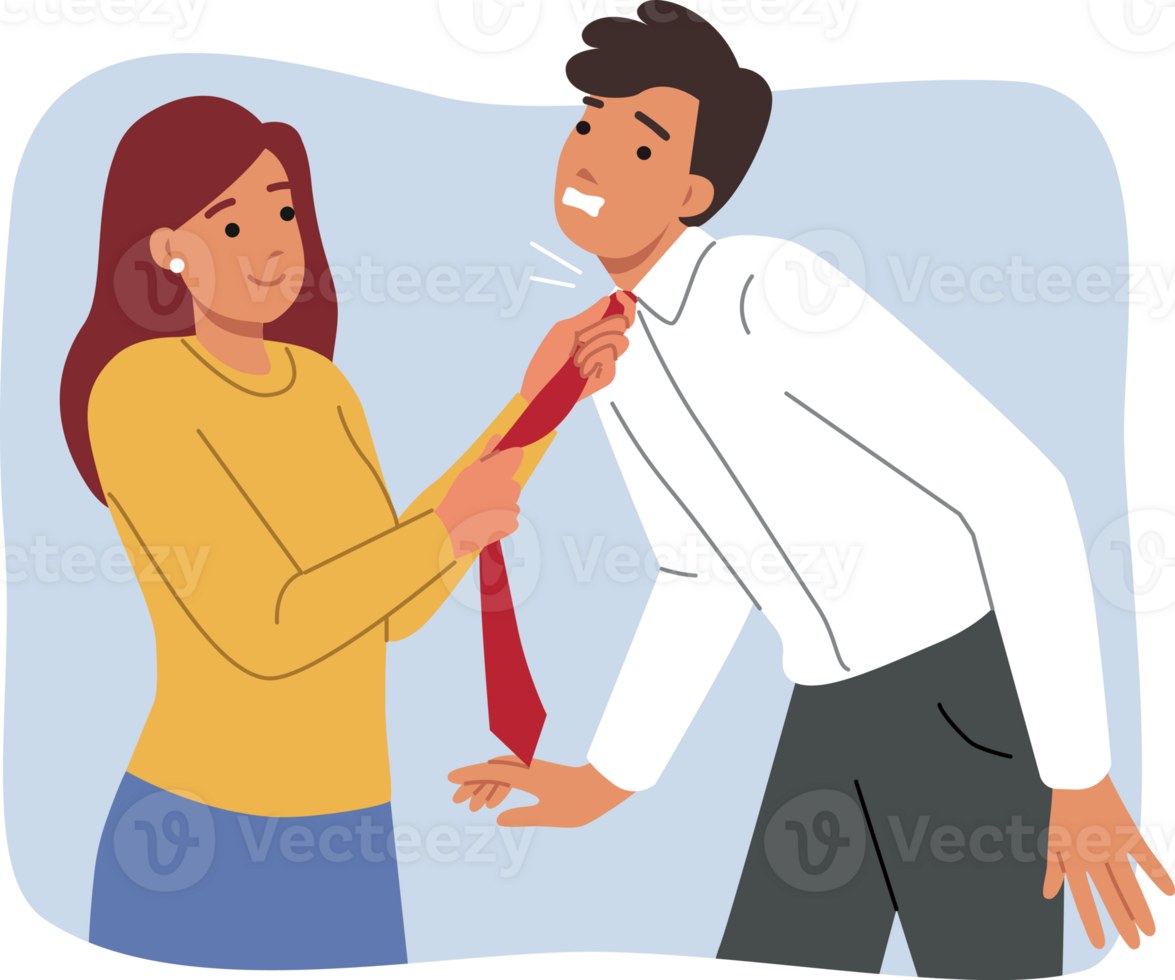 Woman puts tie tightly around husband neck, taking care of beloved husband who is getting ready for work. Girl helping to use tie to choking boyfriend, for concept of toxic relationship in family png