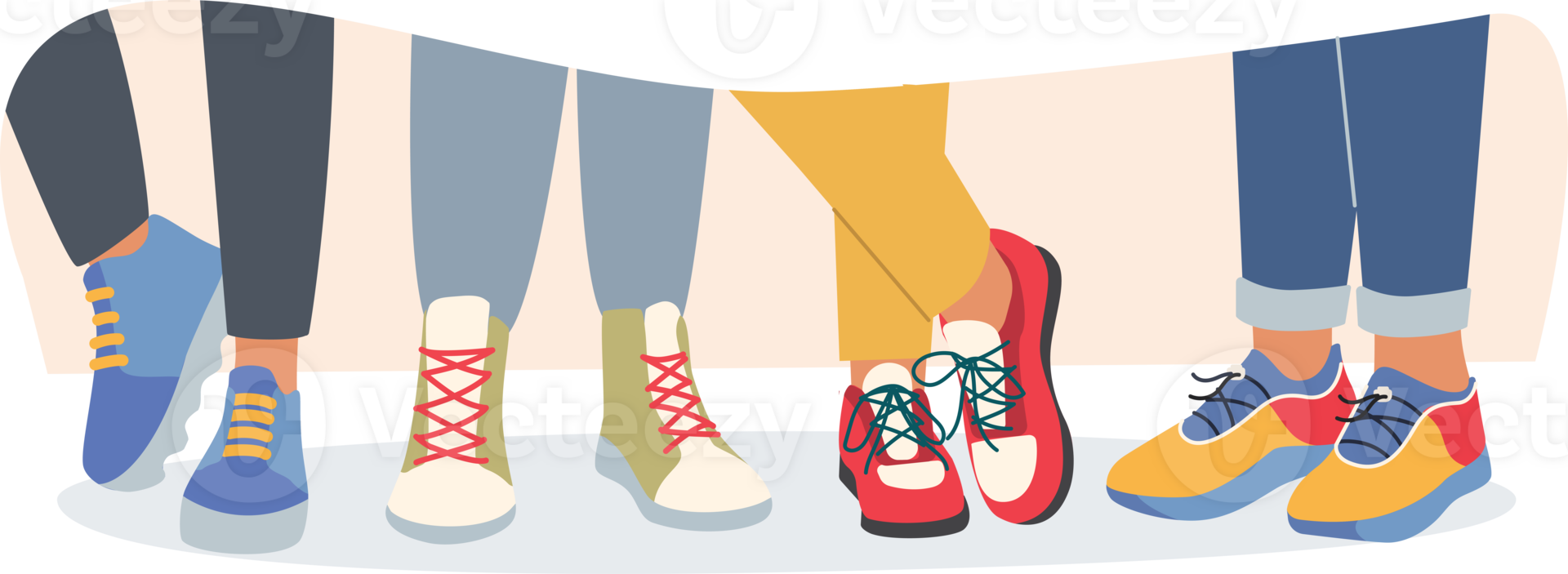 Legs of people in fashionable sneakers and sports shoes for running training or fitness classes. Legs of teenagers standing in row wearing colorful pants and sneakers for comfortable walking png