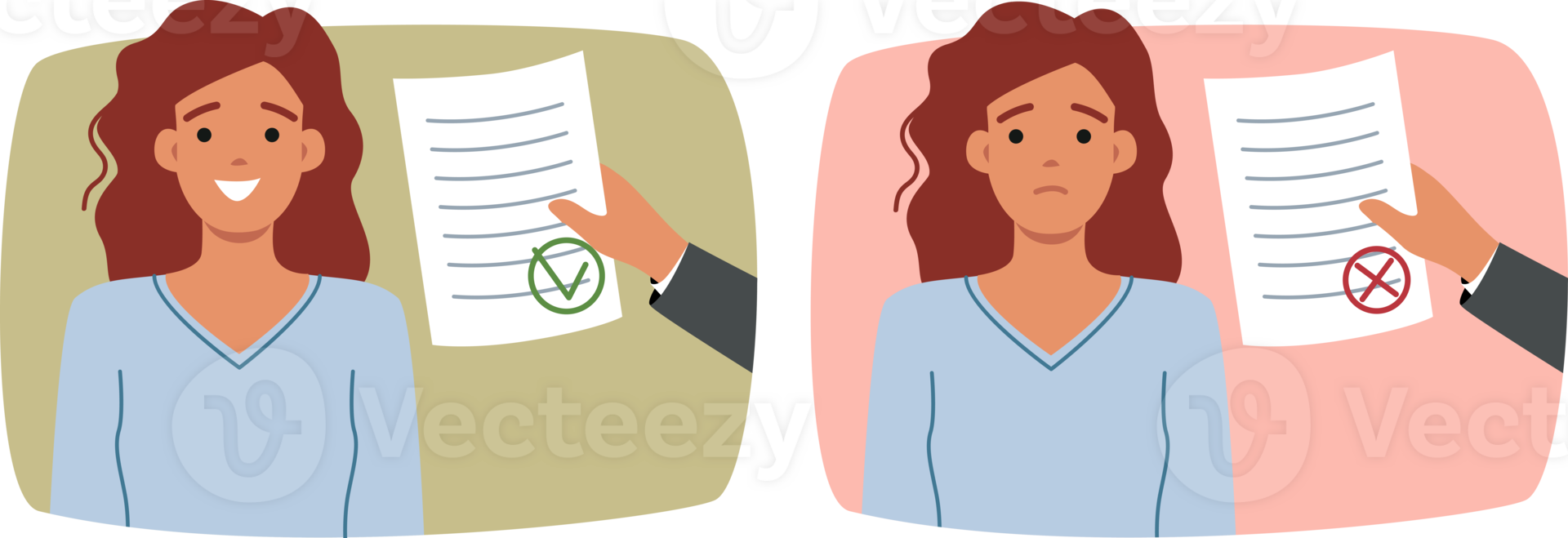 Document with permission or prohibition near woman who received notice from tax department. Girl smiles after receiving positive answer and is upset because of document with refutation png