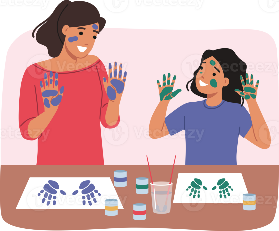 Creative pastime of mother and daughter, drawing pictures with palms, of enjoying joint hobby. Woman teacher and teenage girl are passionate about creative activity and creating masterpiece or artwork png