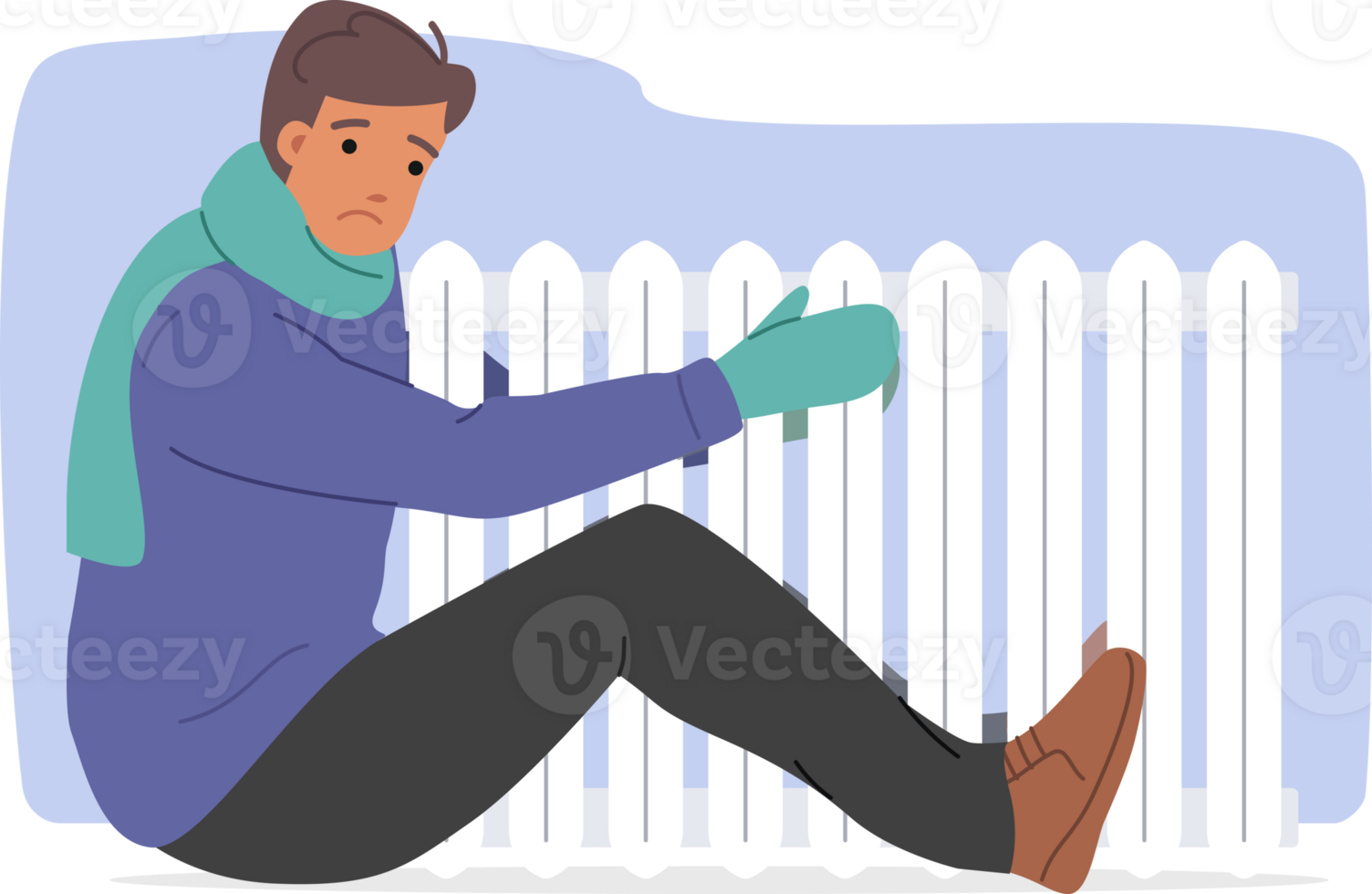 Freezing man hugs radiator to escape cold due to sharp drop in temperature in apartment. Freezing guy in scarf and gloves suffers because of increase in home heating tariffs, forcing to save money png