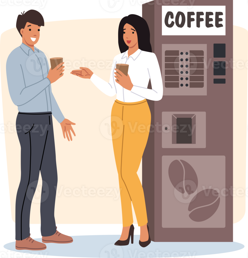 Man and woman office employees are flirting standing at coffee machine, taking break from work. Positive cells discussing latest corporate news and drinking drink to restore energy png