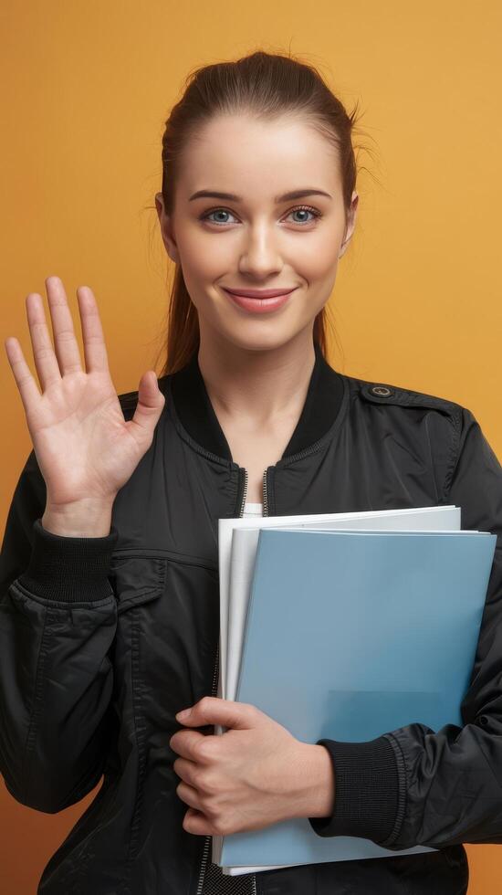 A woman holding a folder and waving photo