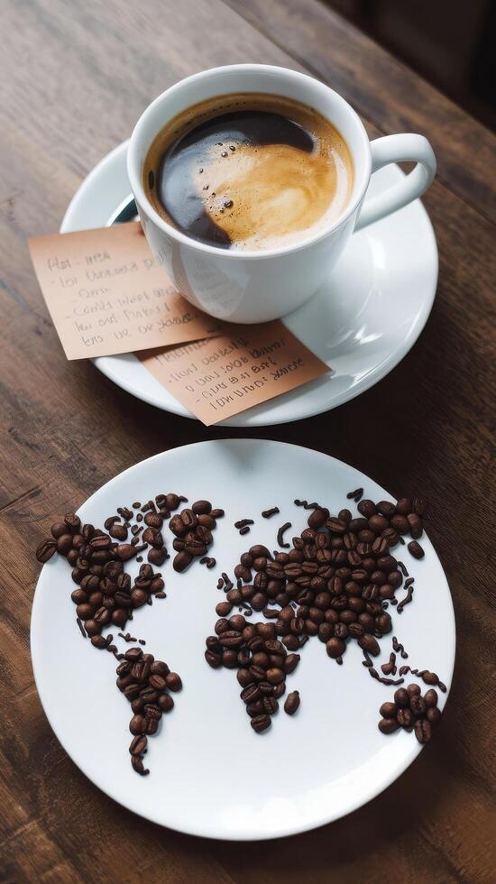 Coffee beans on a plate with a map of the world photo