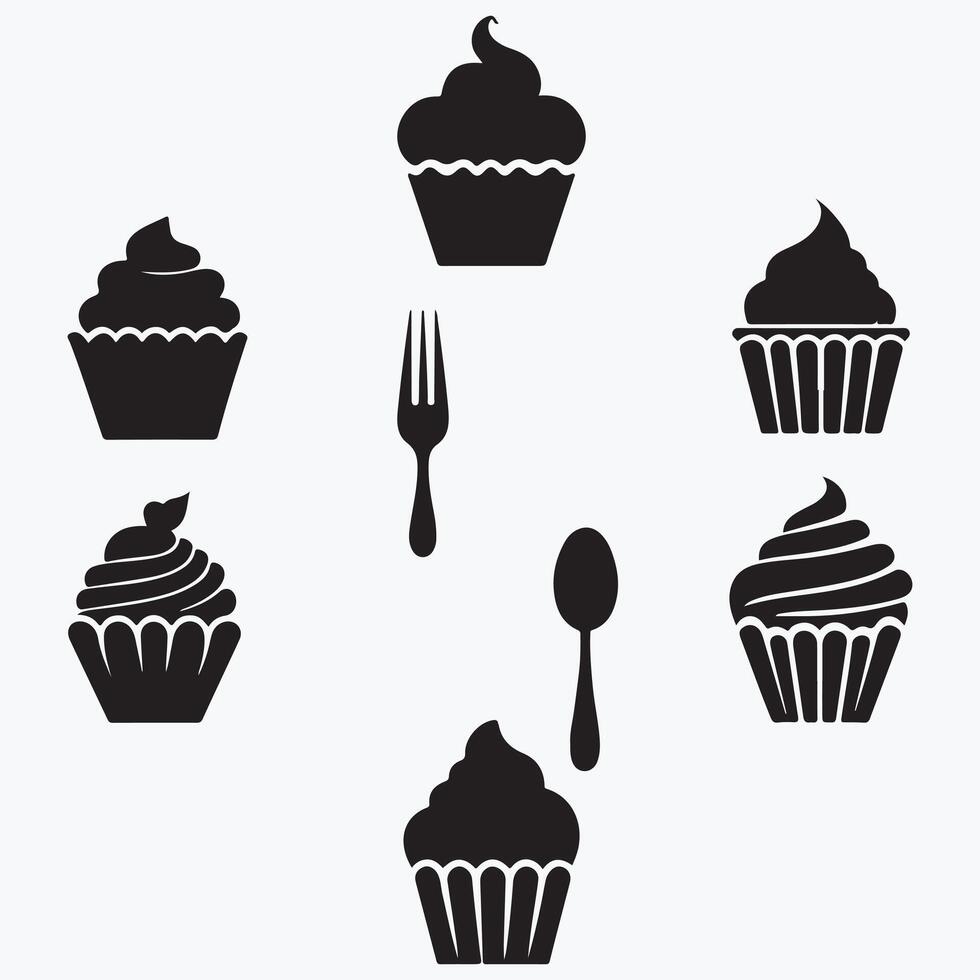 cupcakes silhouette icons set, black and white design on a white background vector