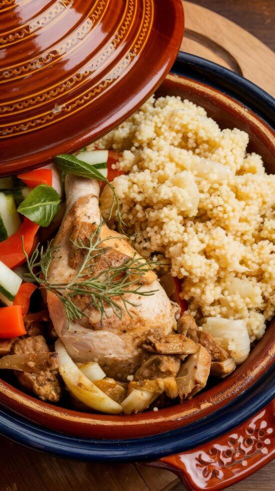 A red clay pot with chicken, vegetables and couscous photo
