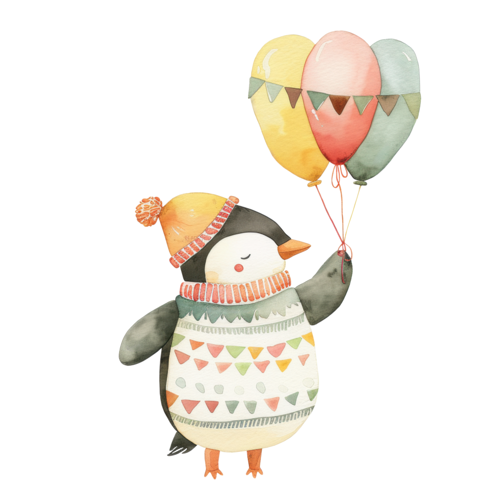 Watercolor cute penguin wearing wool sweater cloth with yellow hat and holding colorful three balloons cartoon character clip art element illustration png