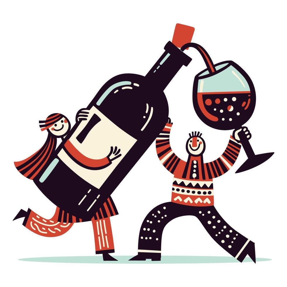 Man and woman pouring wine from bottle into glass. Humorous illustration in flat style. vector