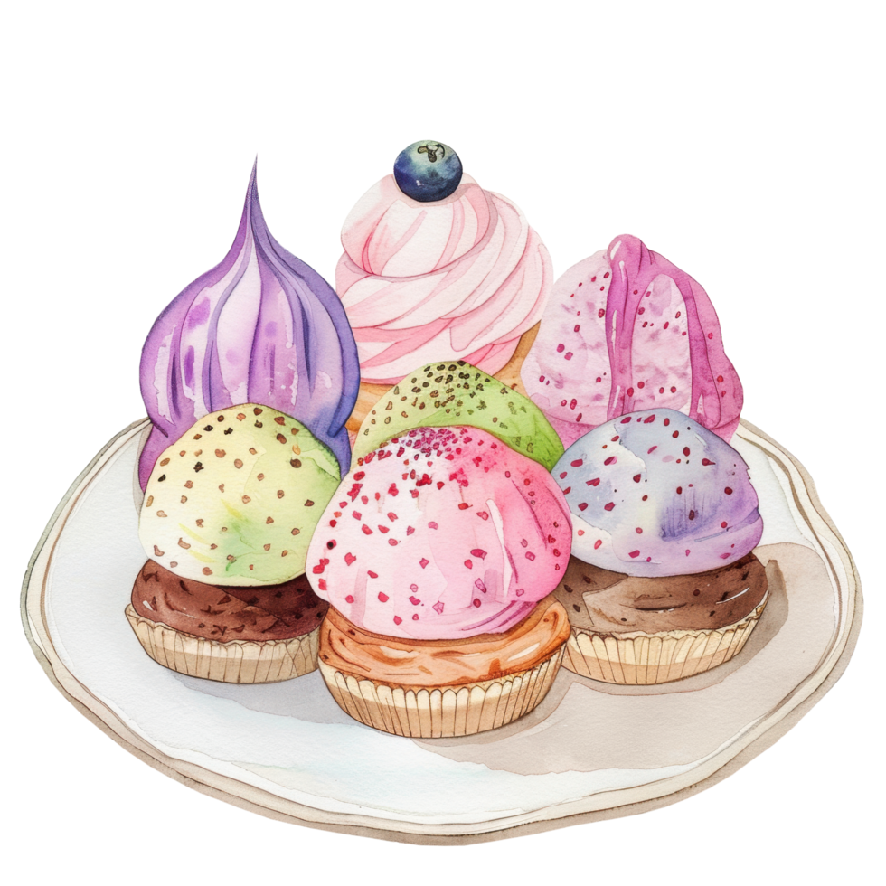 Watercolor profiterole and cupcake with vanilla and strawberry berry cream on white dish dessert and bakery clip art element illustration png