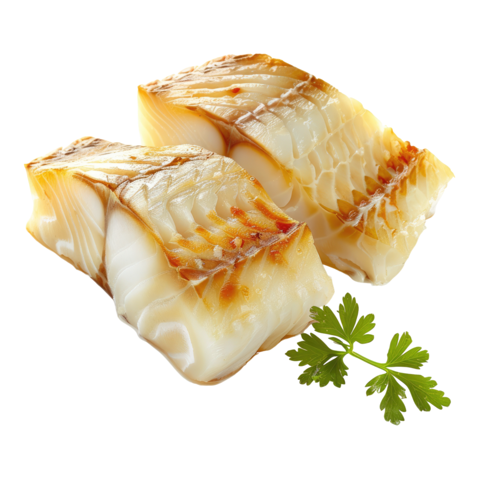 Two pieces of fish with parsley on transparent background png