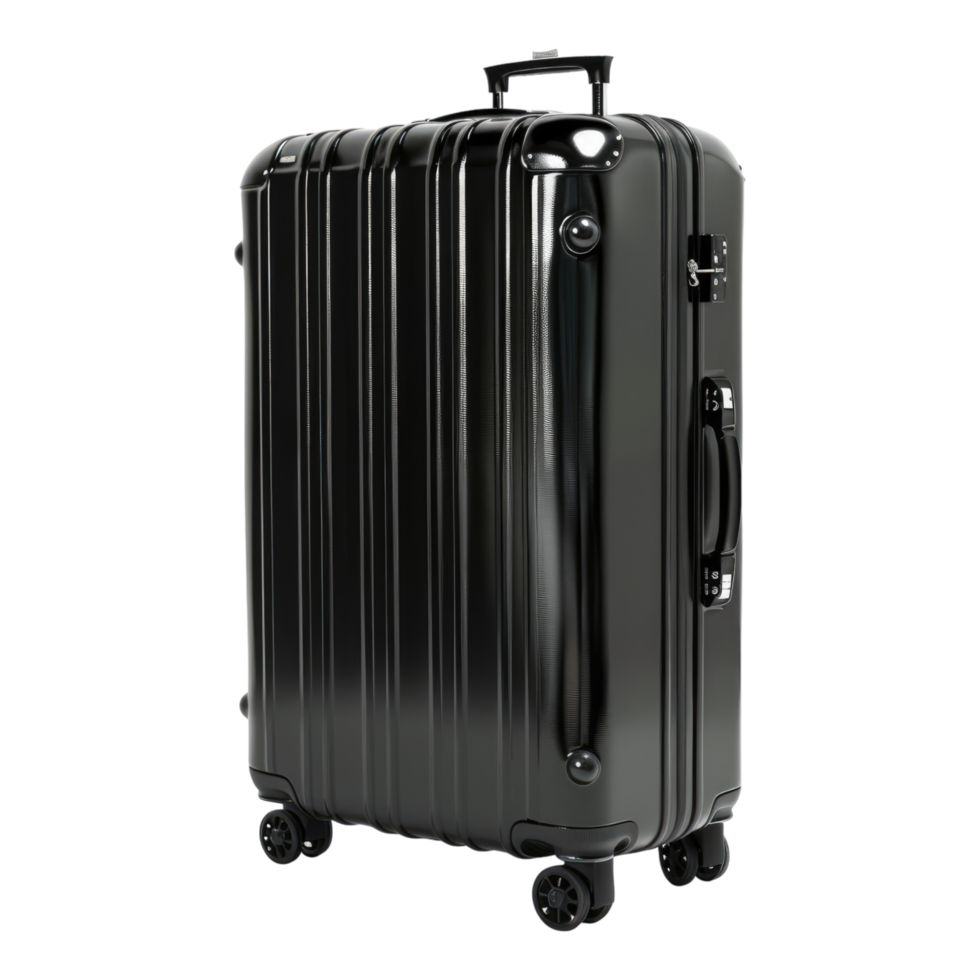 A black suitcase with wheels on transparent background png