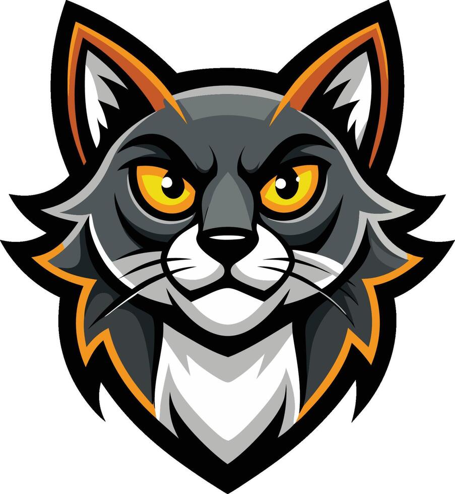 Stylized cartoon cat head, fierce yellow eyes, grey and orange fur, sharp angular features, mascot design vector
