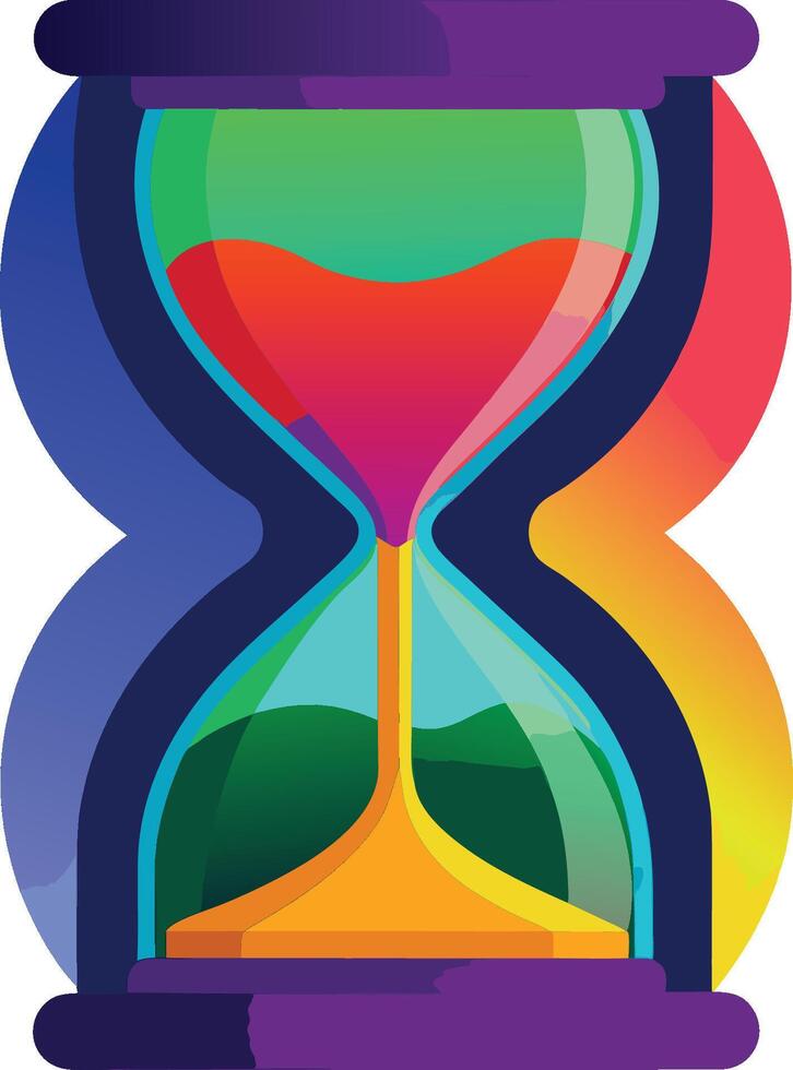 Colorful hourglass illustration, vibrant gradient background, geometric shapes, abstract art, minimalist design, time concept, rainbow colors, fluid dynamics vector