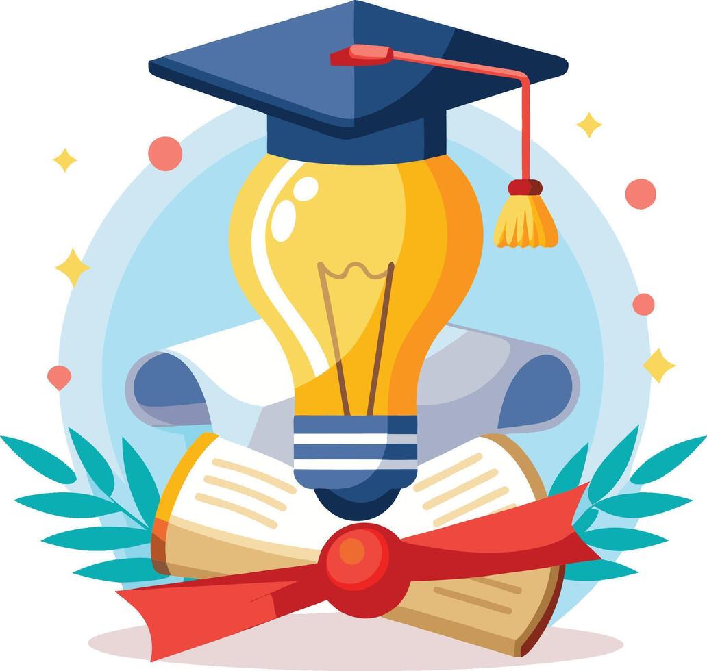 Cartoon illustration, graduation cap, light bulb, diploma scroll, red ribbon, knowledge concept, bright colors, blue background vector