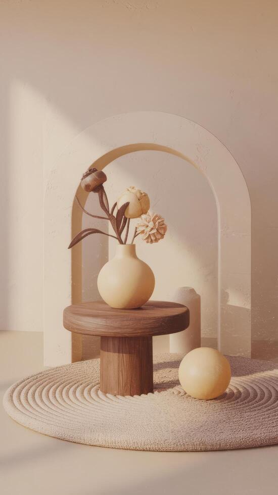 A vase with flowers on a table in front of a wall photo