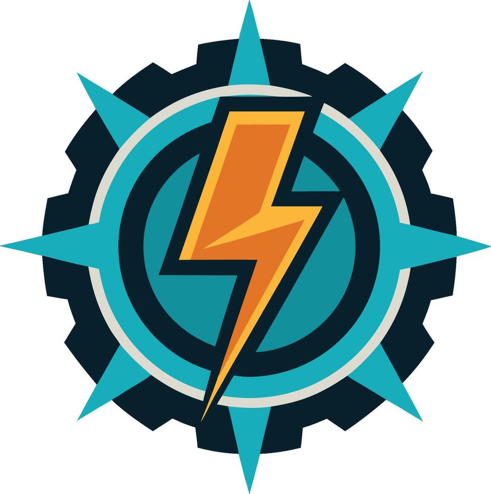 Logo design, lightning bolt icon, gear shape, teal and orange color scheme, geometric, modern, industrial, energetic, symmetrical, bold, art, flat design vector