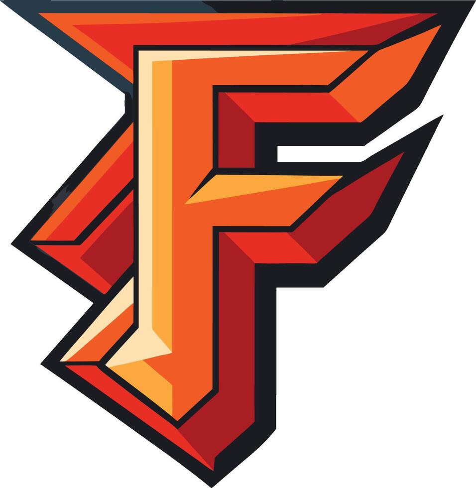 Logo design, bold letter F, geometric shapes, dynamic angles, 3D effect, red and orange gradient, black outline, sharp edges vector