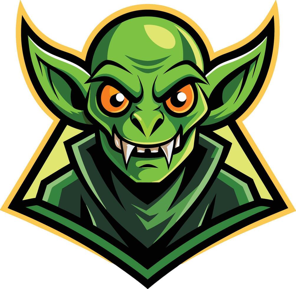 Fantasy goblin mascot, fierce expression, large pointed ears, glowing orange eyes, sharp fangs, green skin vector