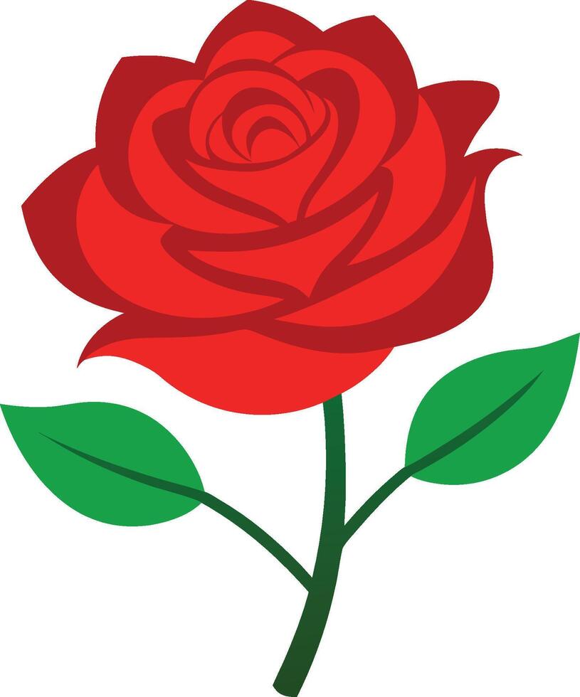 Red rose, vibrant petals, stylized illustration, simplified design, green stem, two leaves, cartoon style, graphics vector