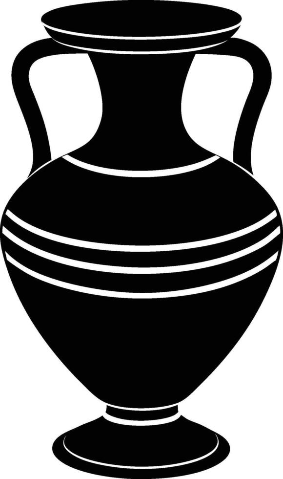 Ancient Greek amphora, black silhouette, classical pottery, elegant curves, two handles, striped decoration, symmetrical design, white background, minimalist illustration vector