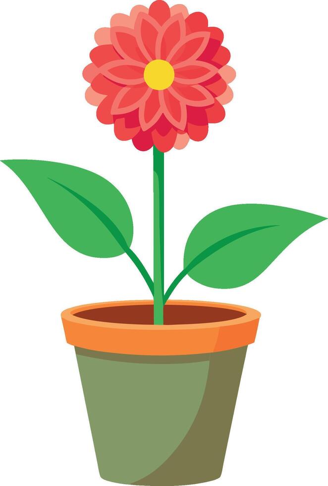 Cartoon flower, vibrant red petals, yellow center, green leaves, potted plant, orange and green pot, simple illustration, flat design, cheerful, clean lines vector