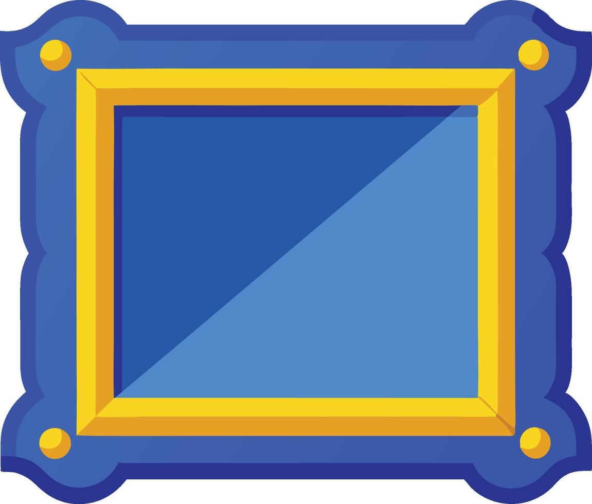 Minimalist picture frame icon, geometric design, blue and yellow color scheme, flat illustration style, symmetrical composition, decorative corners, split diagonal background vector