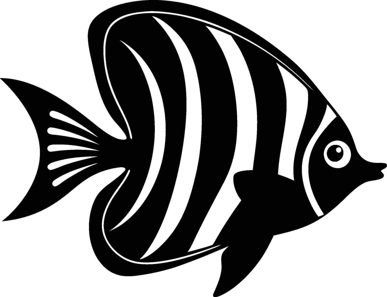 Stylized tropical fish, black and white silhouette, striped pattern, angular design, side view, marine life illustration, graphic art vector