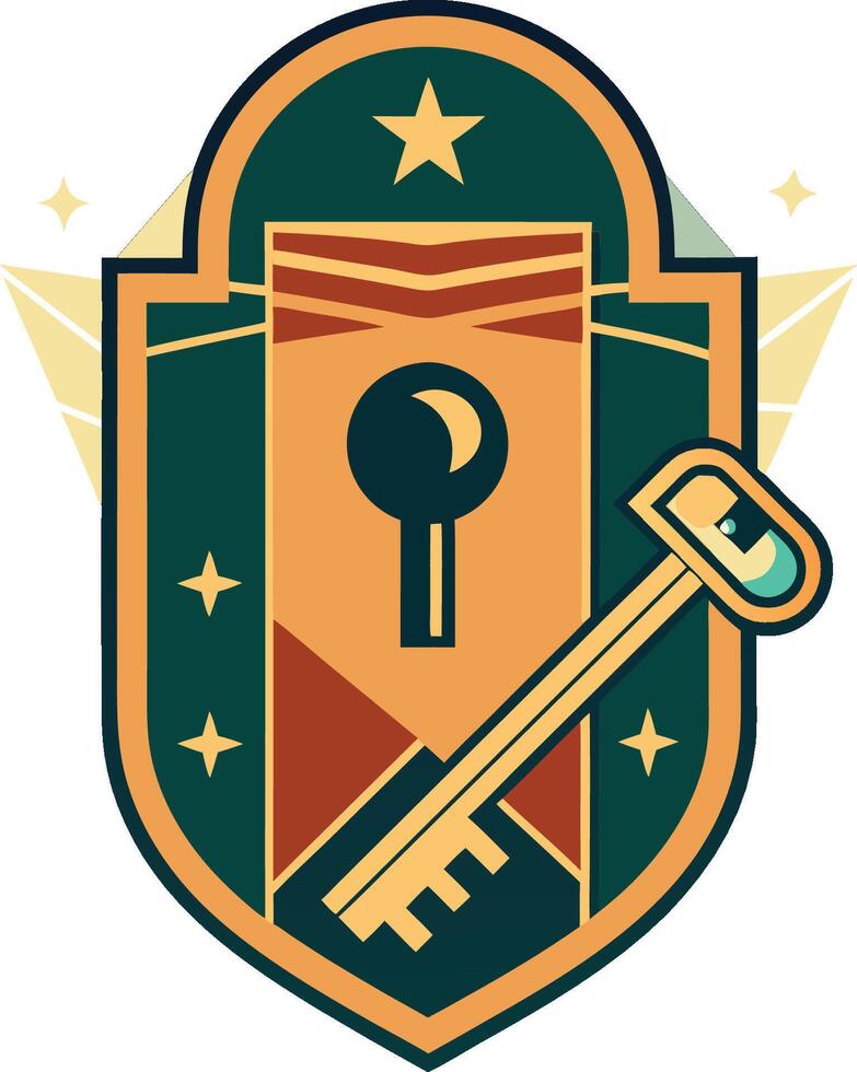 Stylized lock and key emblem, art deco inspired design, geometric shapes, shield shape, crescent moon, star motif vector