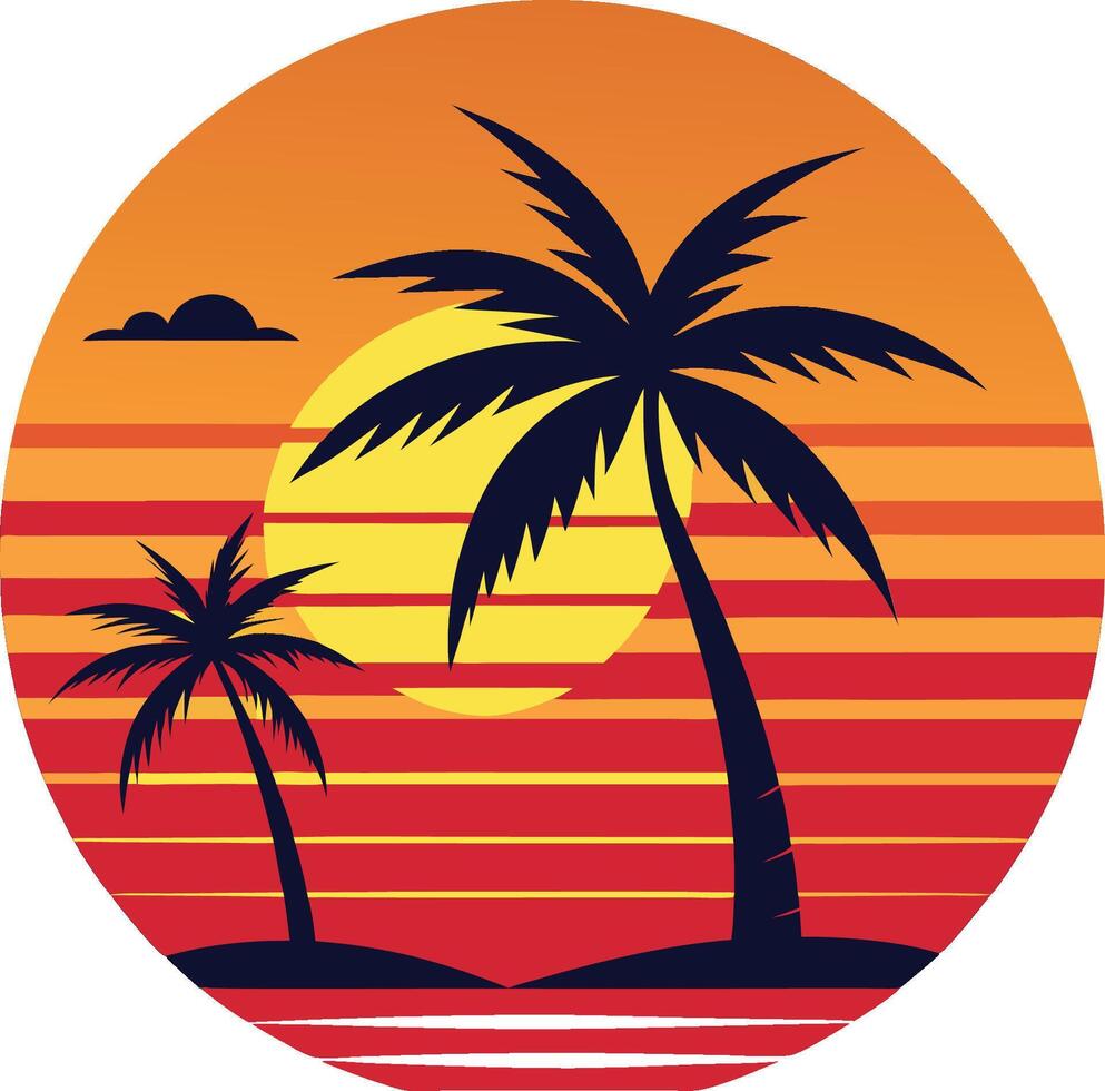 Retro tropical sunset, palm tree silhouettes, circular design, vibrant orange and red gradient sky, striped background, minimalist illustration vector