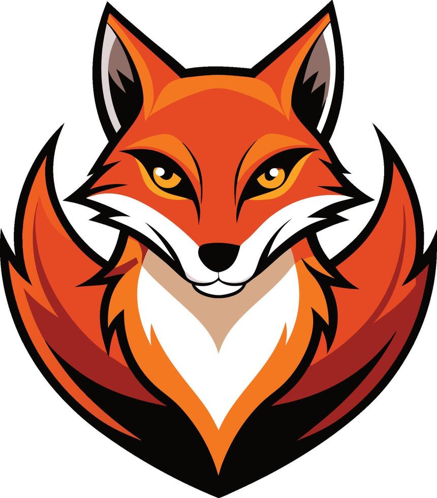 Fox logo, stylized, geometric, vibrant orange and red, sharp angles, striking yellow eyes, white muzzle, black outline vector