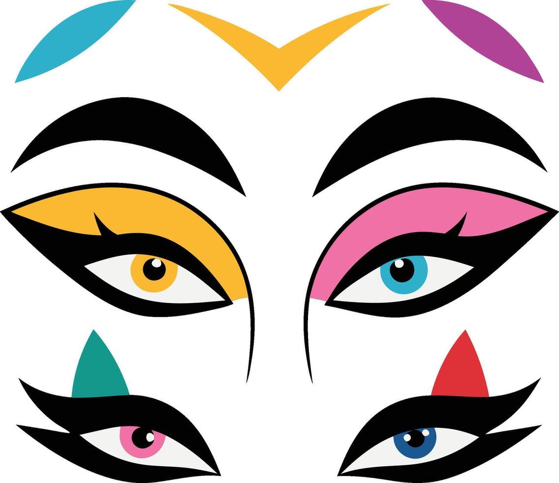 Stylized graphic eyes, vibrant eyeshadow colors, bold eyeliner, pop art style, geometric shapes, minimalist facial features vector