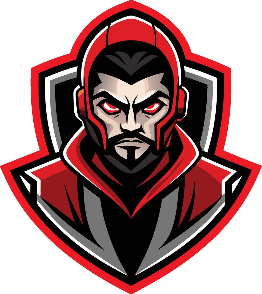 Stylized gaming mascot, fierce warrior portrait, red and black color scheme, glowing red eyes, sharp angular features, hooded figure vector