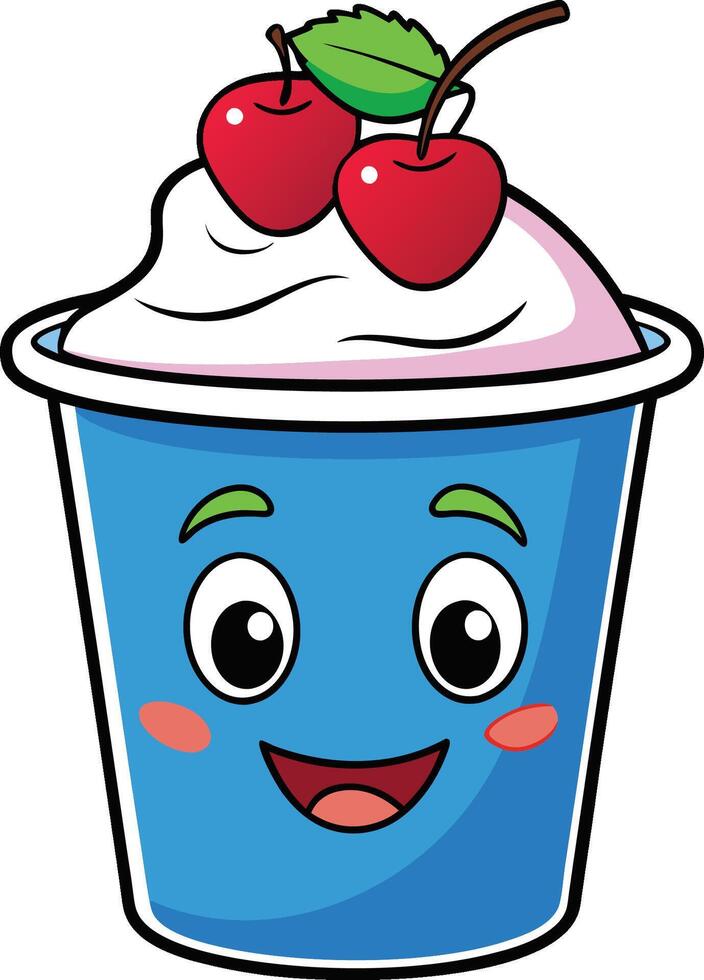 Cartoon yogurt cup, smiling face, whipped cream topping, two red cherries, green leaf, cute character design, bright colors vector