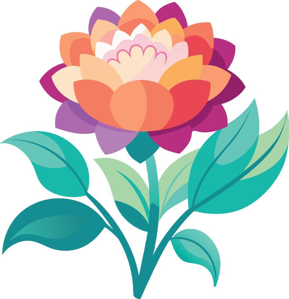 Colorful stylized lotus flower, vibrant petals, gradient colors, purple orange pink, teal leaves, minimalist design, art vector