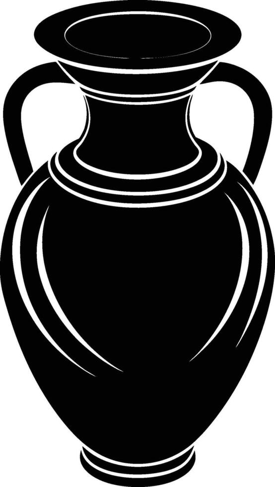 Ancient Greek amphora, black silhouette, classical vase, two-handled jar, symmetrical design, elegant curves, wide body, narrow neck, flared rim, decorative bands, stylized shape, high contrast vector