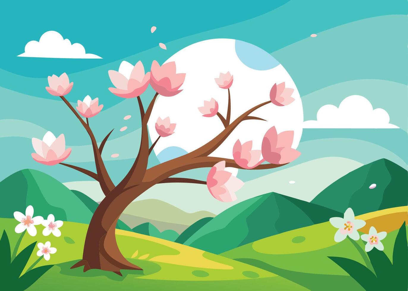 Cherry blossom tree, springtime landscape, rolling green hills, bright teal sky, full moon, fluffy white clouds, pink flower petals vector