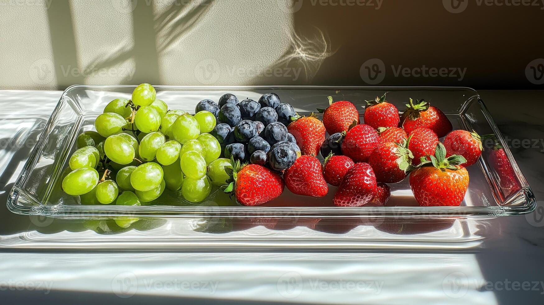 Sunlit platter of grapes, blueberries, strawberries. Food photography photo