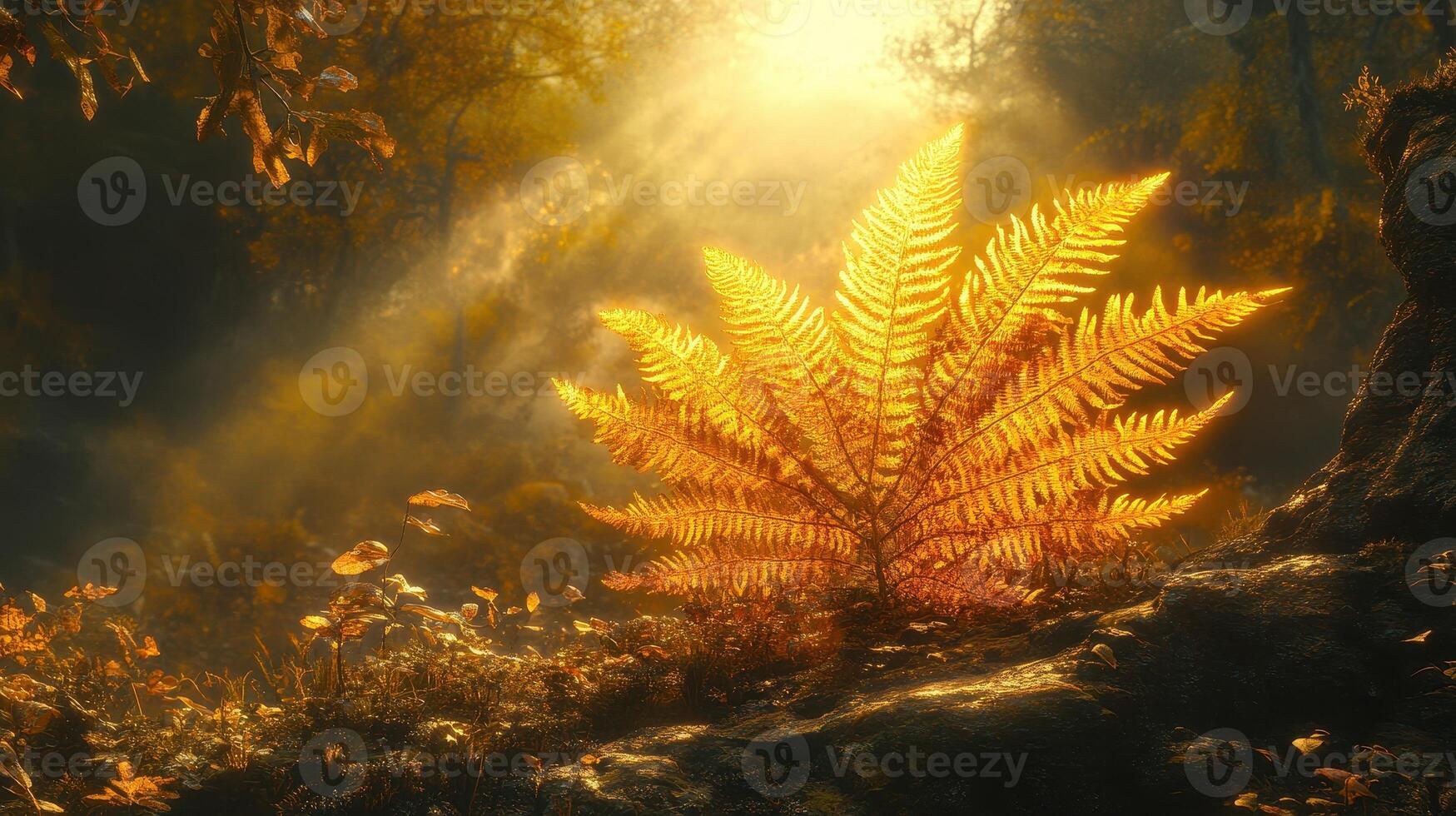 Golden fern in autumn forest sunbeams, nature background, peace photo