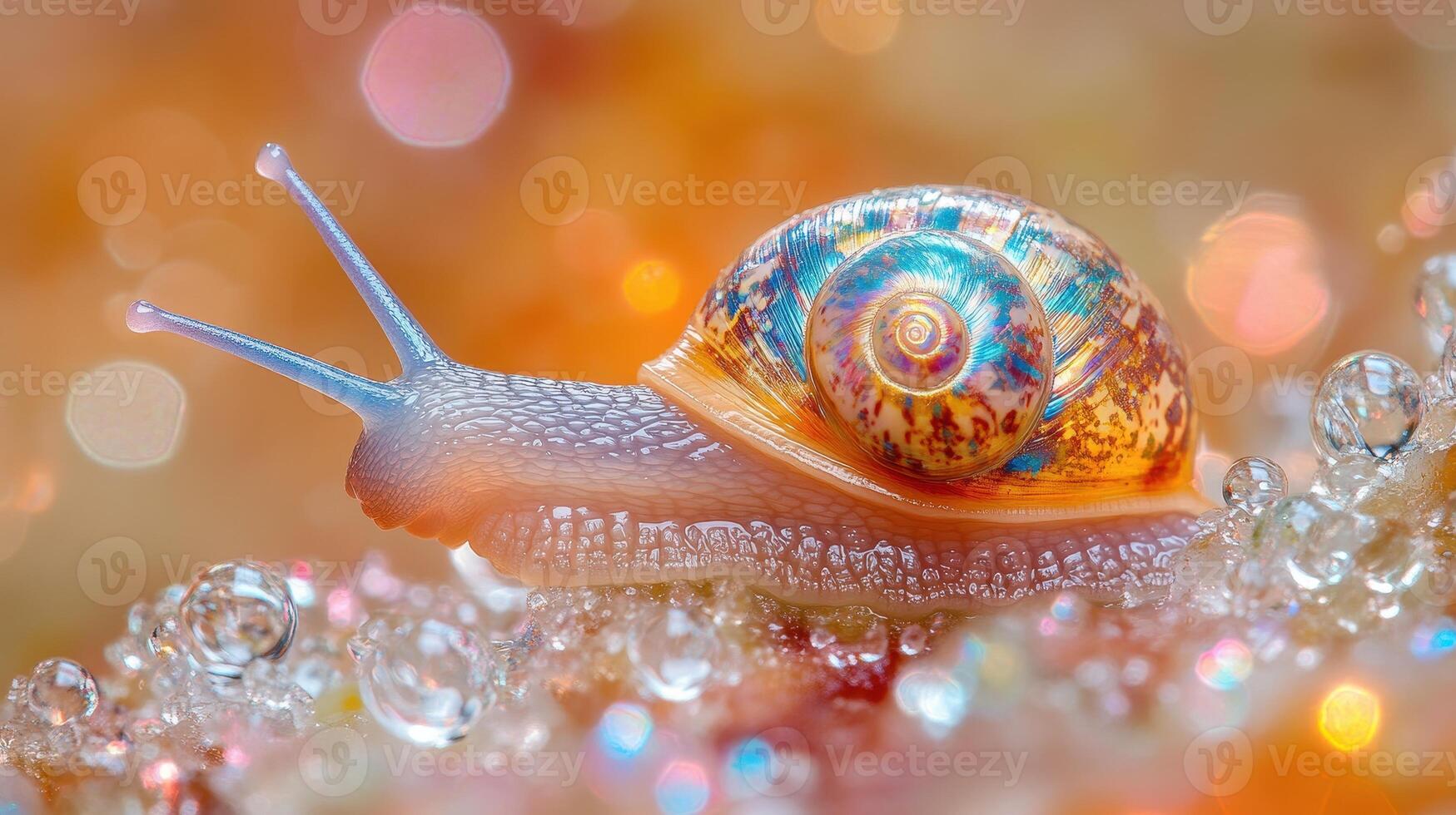 Colorful snail crawling on dew-covered surface, bokeh background, nature macro photography photo