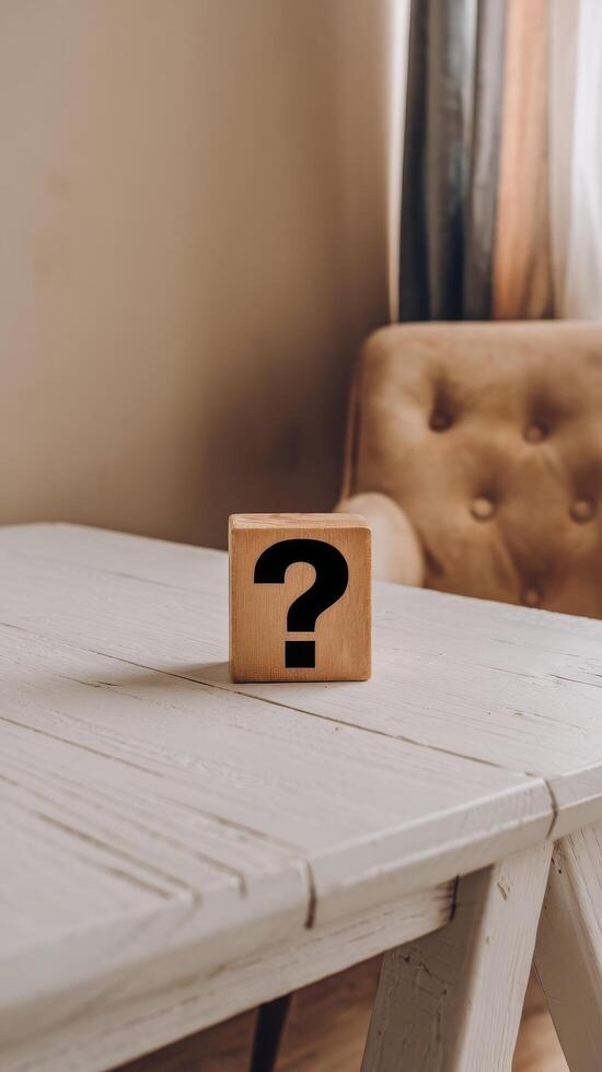 Question mark on wooden block on table photo
