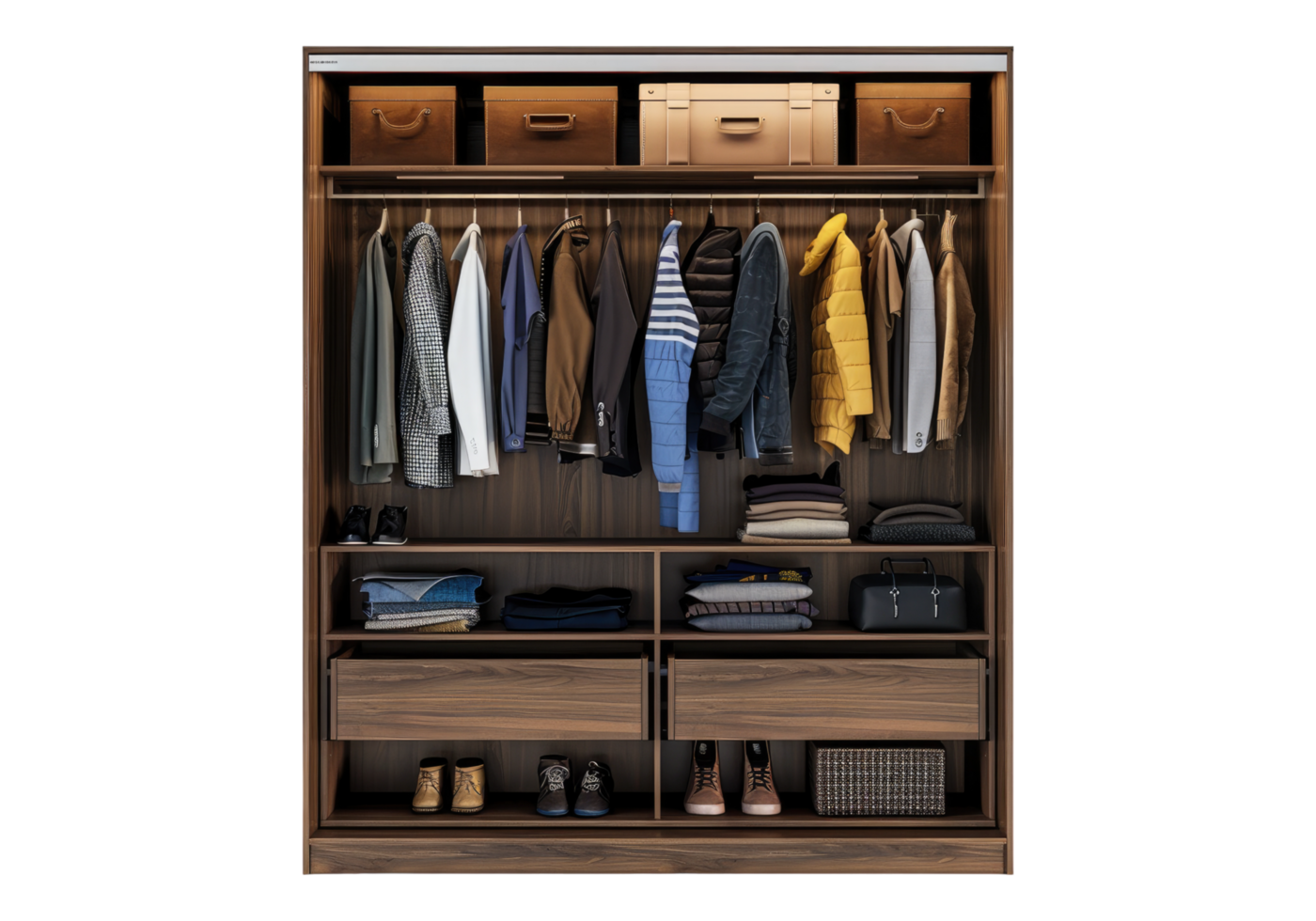 A closet with clothes and shoes png